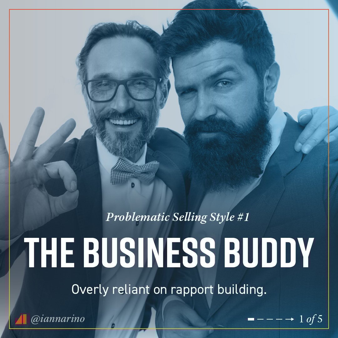 Salesman with an awkward arm around his client