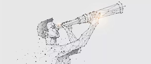 Geometric man uses telescope with high-resolution lens