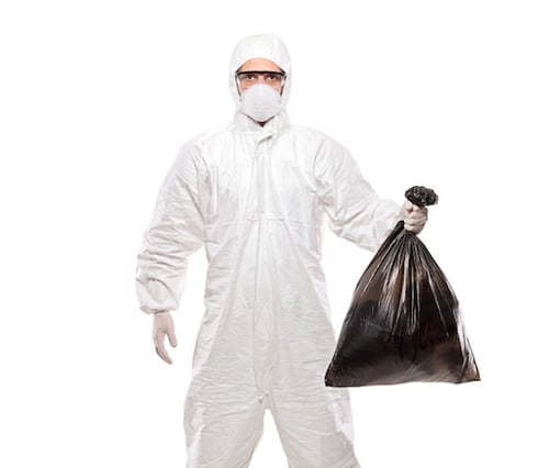 alt text image for a man in hazmat suit holding a black bag