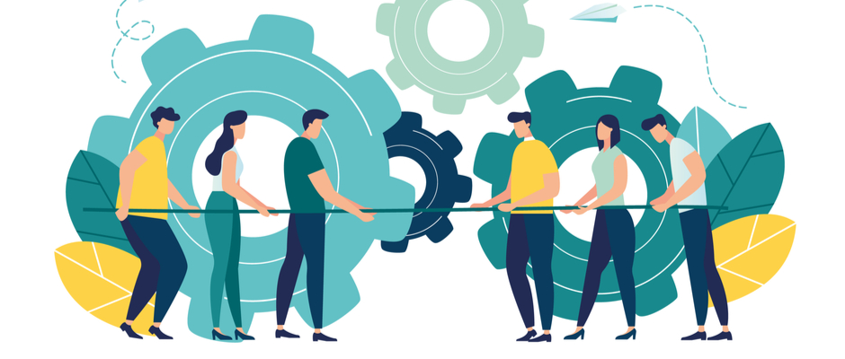 A group of a sales force trying to fix a machine