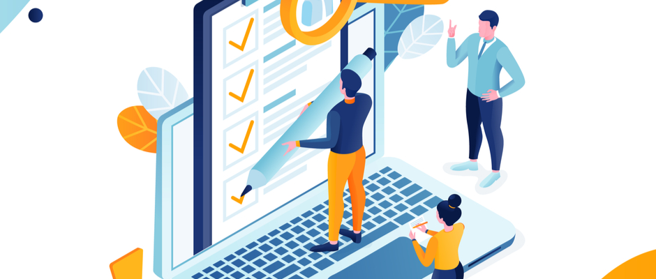 A salesperson stands atop a laptop creating solutions for their clients