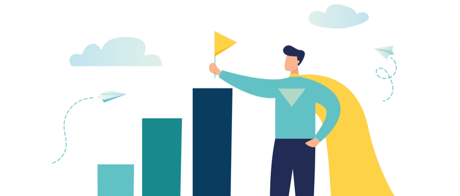 A superhero salesperson puts an award on the top chart for standing apart from the crowd