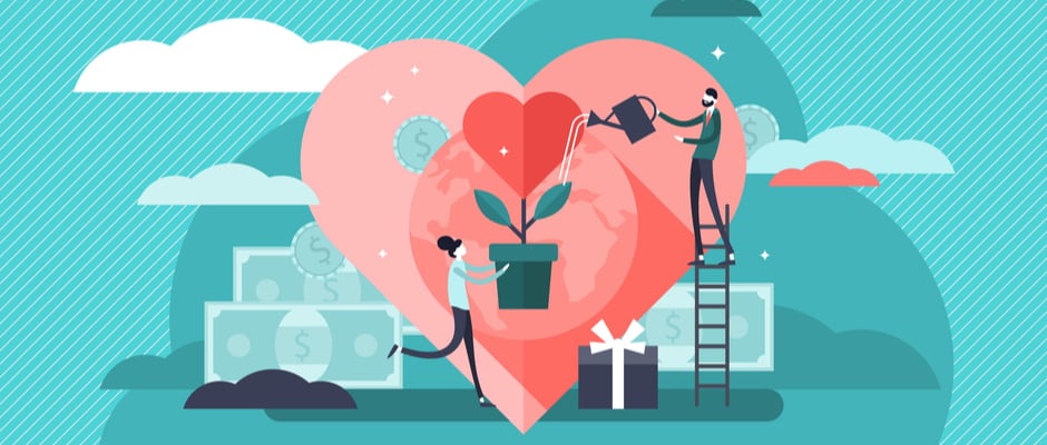 alt text image of man watering a plant shaped like a heart to represent generosity and contributing