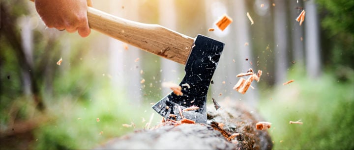 image of hand holding an ax chopping wood