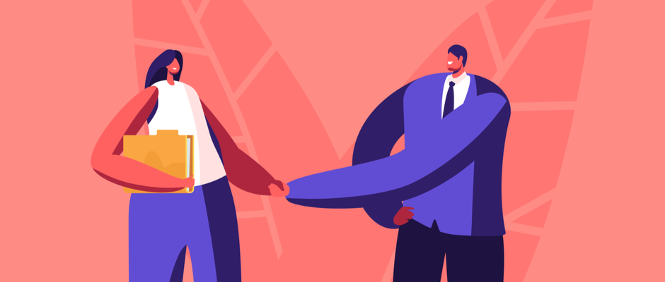 A stylized salesperson and client handshake as a symbol for certainty