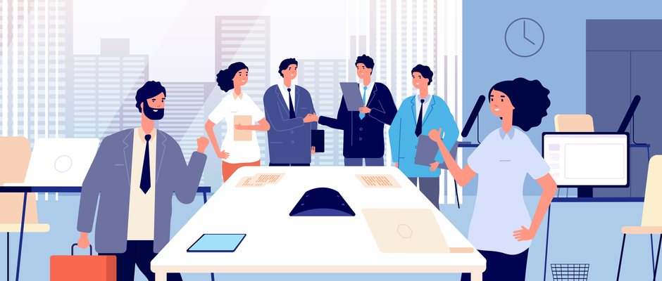 a bigger company boardroom of salespeople gathered for a meeting