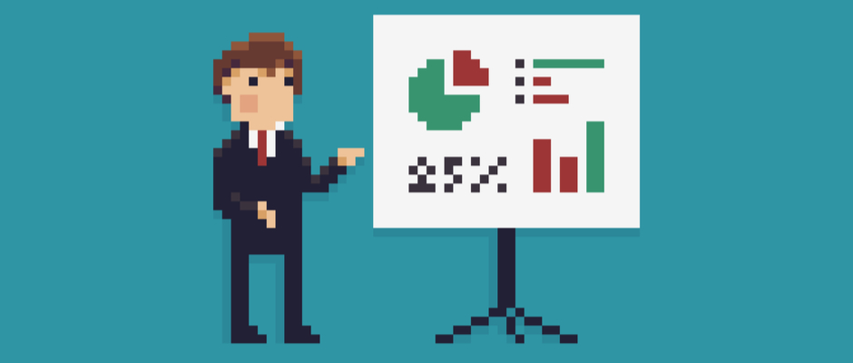 An 8-bit Salesperson gestures towards solutions level charts and graphics