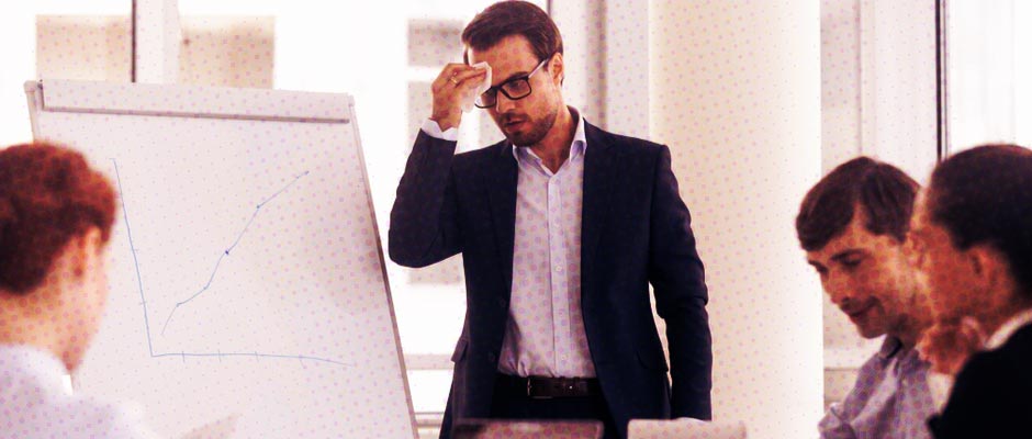 sweaty nervous man in a presentation