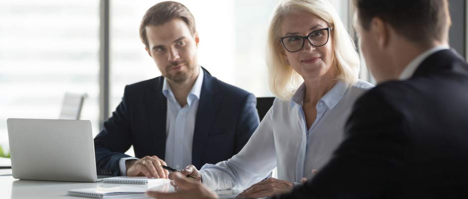 business woman listening to client