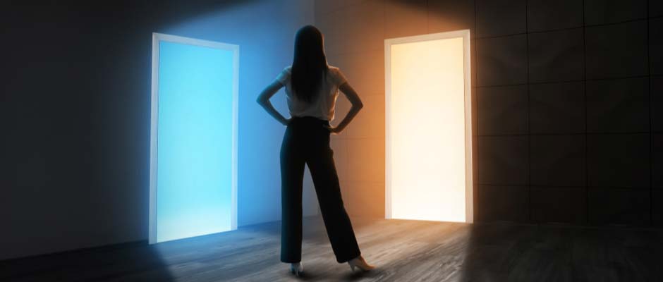 standing in front of two doors, choice metaphor