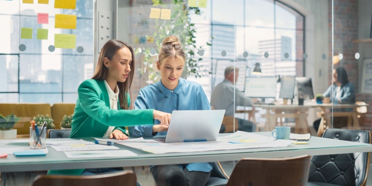 Businesswoman pointing at laptop screen sitting with another coworker