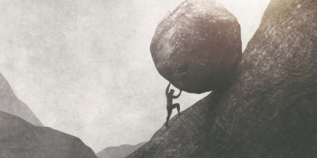 Illustration of man pushing boulder up hill