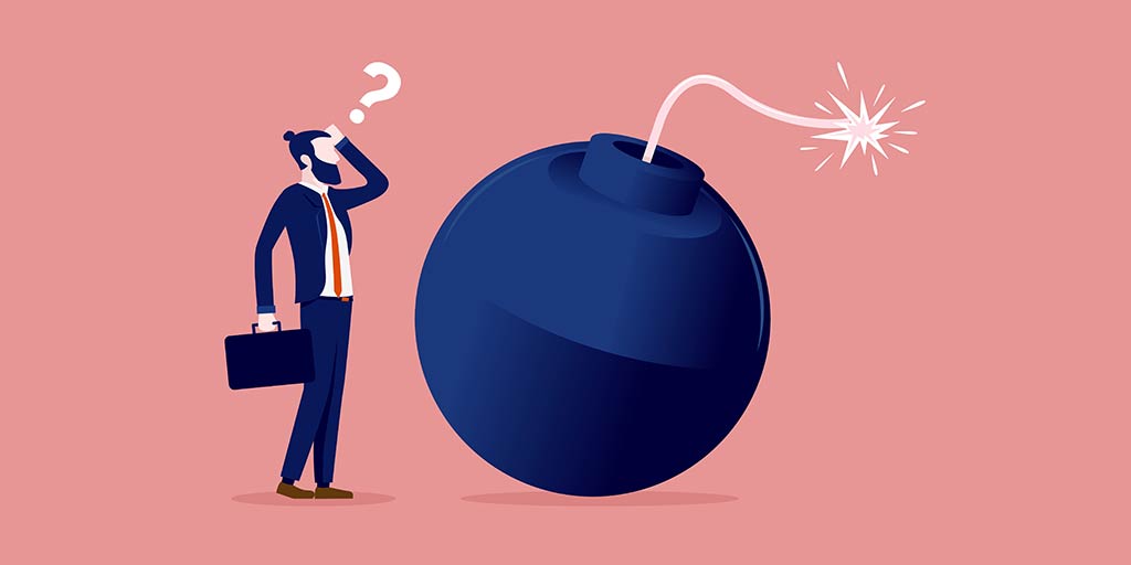 illustration unaware businessman and ticking bomb